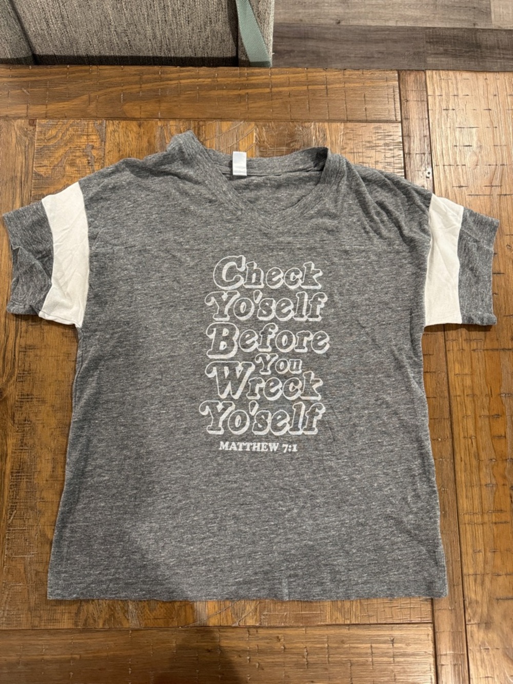 Women’s Grey Graphic Tee with White Sleeve Accents